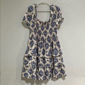 Girls Cream and Light Blue Floral Smocked Mini Dress